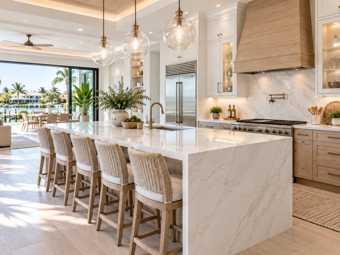 Open-concept Florida kitchen with large island seating and sliding glass doors to a waterfront view