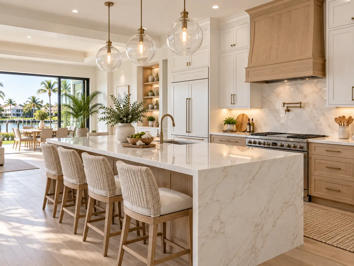 White oak kitchen with marble-look backsplash, brass faucet and glass globe pendants